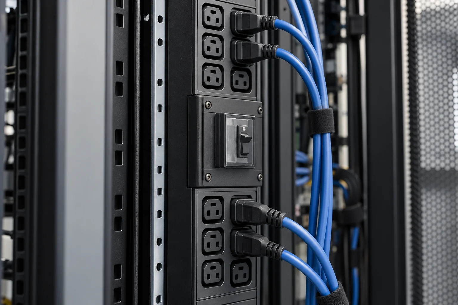 Close view of grouped rack PDU outlets, connected blue cords and an enclosed breaker module