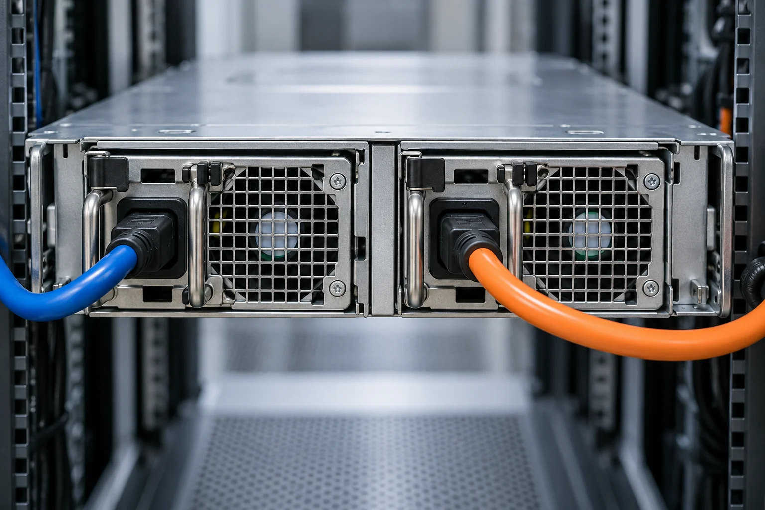 Two rear server power supply modules with blue and orange power cords routed in opposite directions